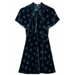 Kate Spade Velvet Floral Tie Neck Dress Size 0 Silk Blend Mini Blue  Party